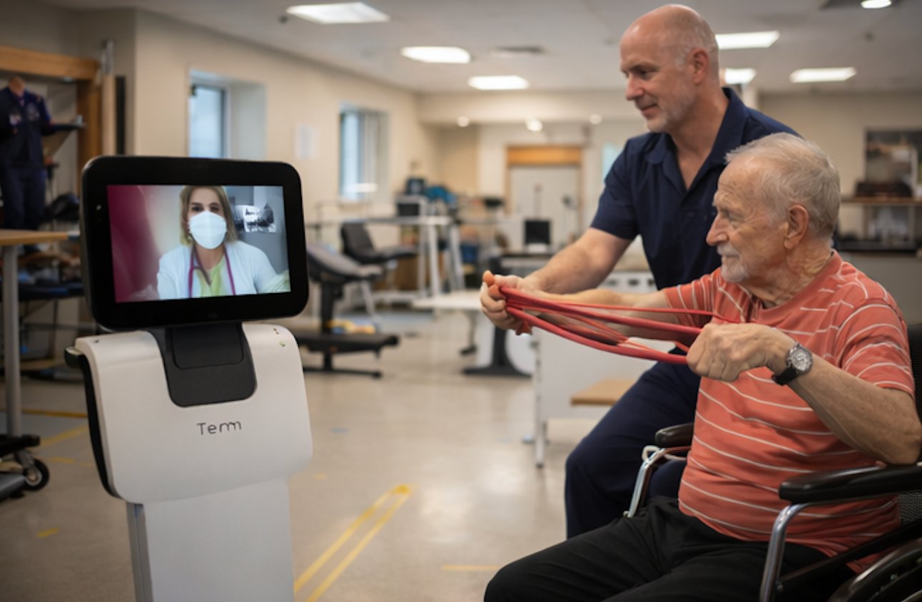 Patient performing resistance exercises with therapist and telepresence robot